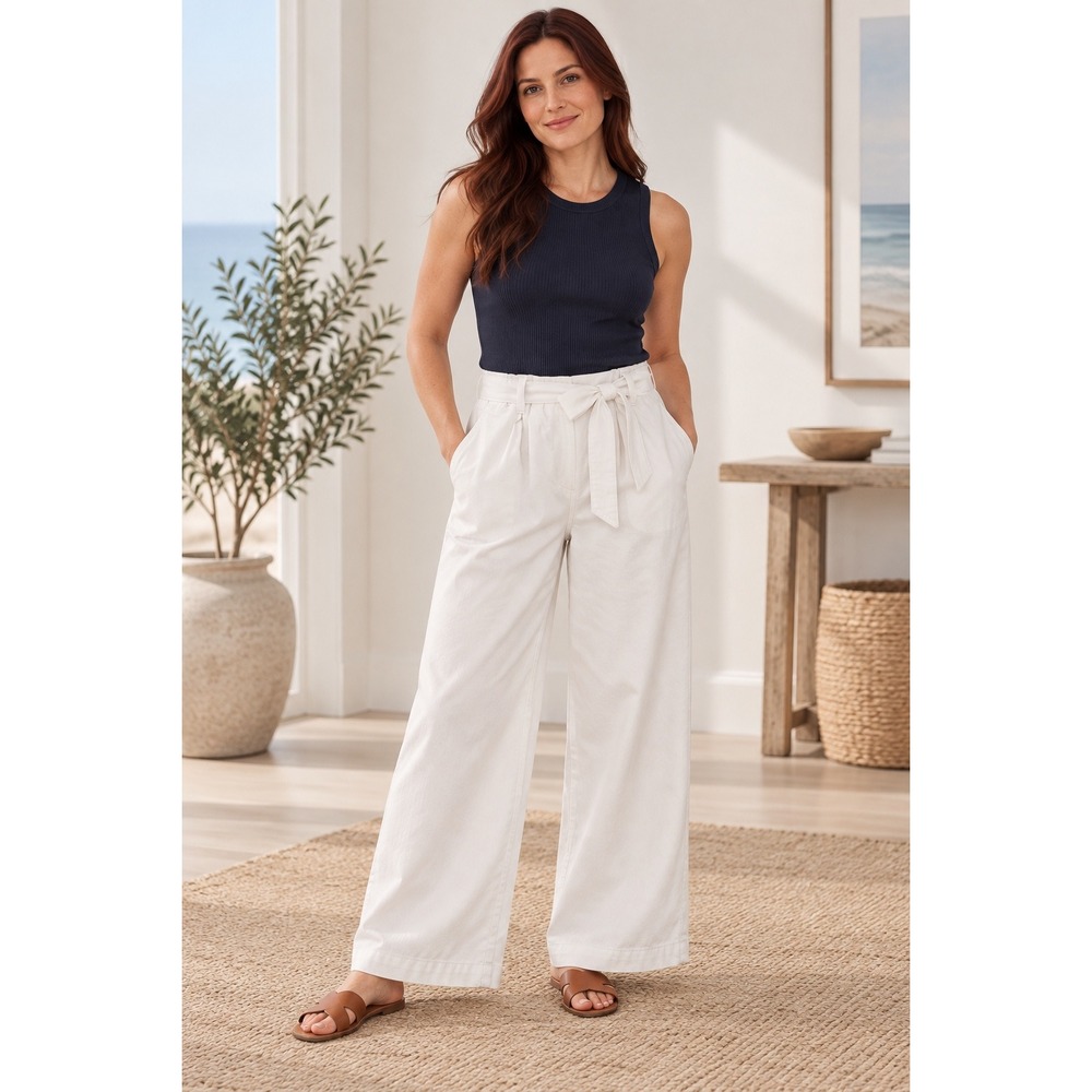 Lands End White Wide Leg Crop Pants Petite 10 Minimalist Coastal Cowgirl Boho
